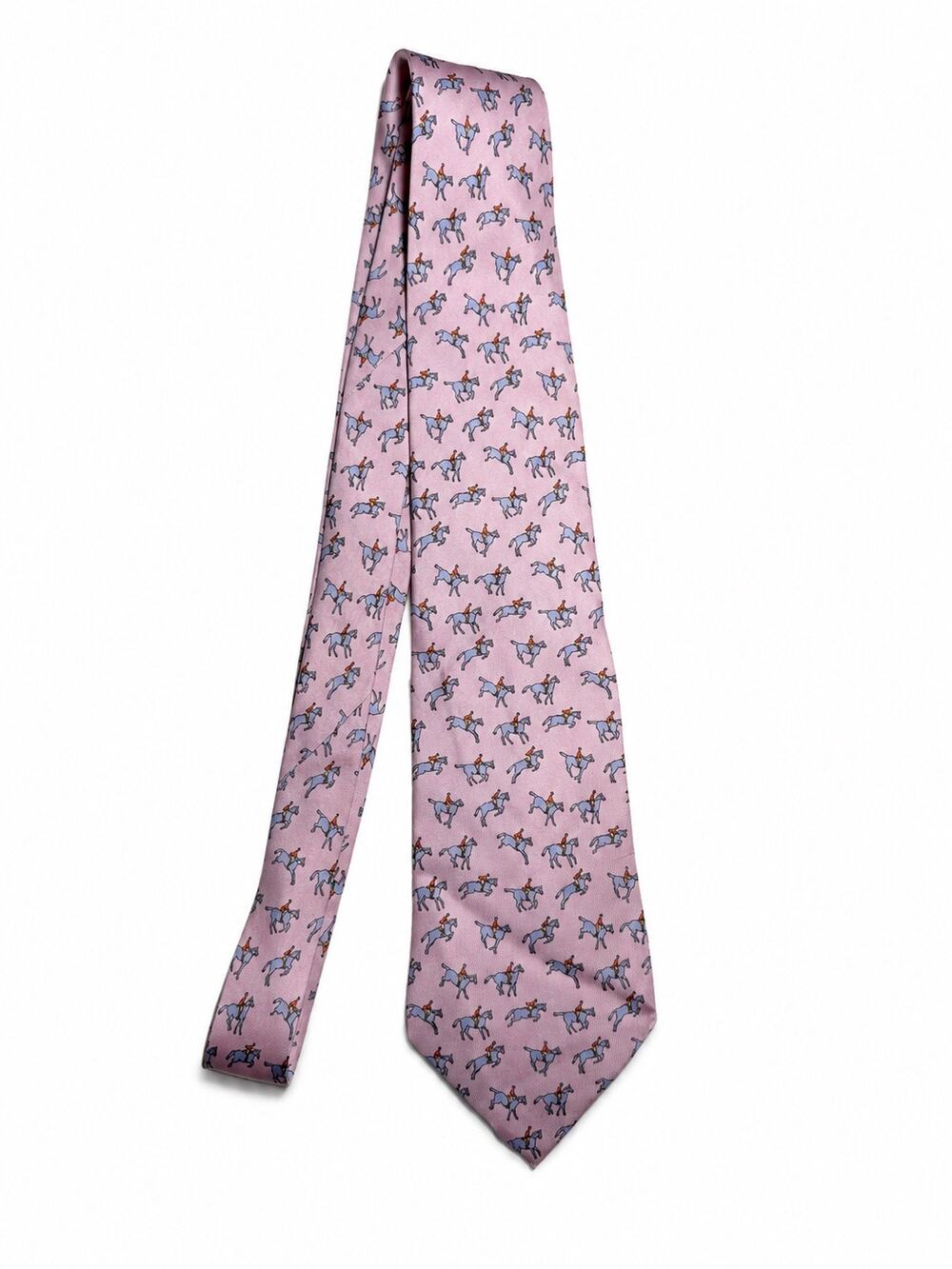 Vintage Hermès Paris Pink Horse Rider Equestrian 100% Silk Tie France
